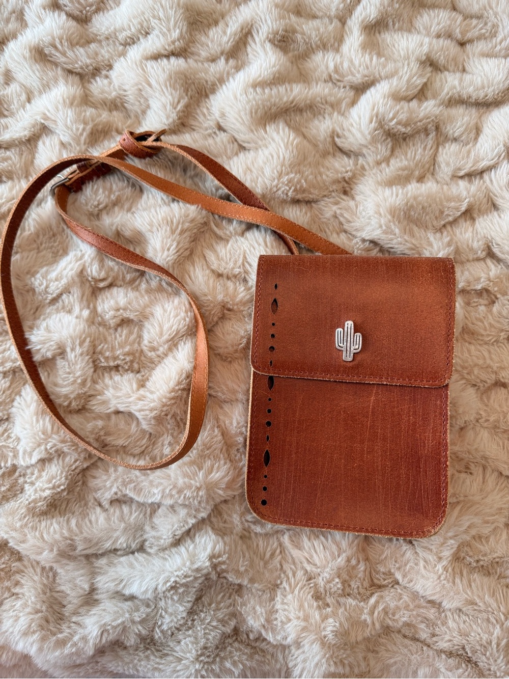 Brown Leather Crossbody Phone Bag with Cactus Accent